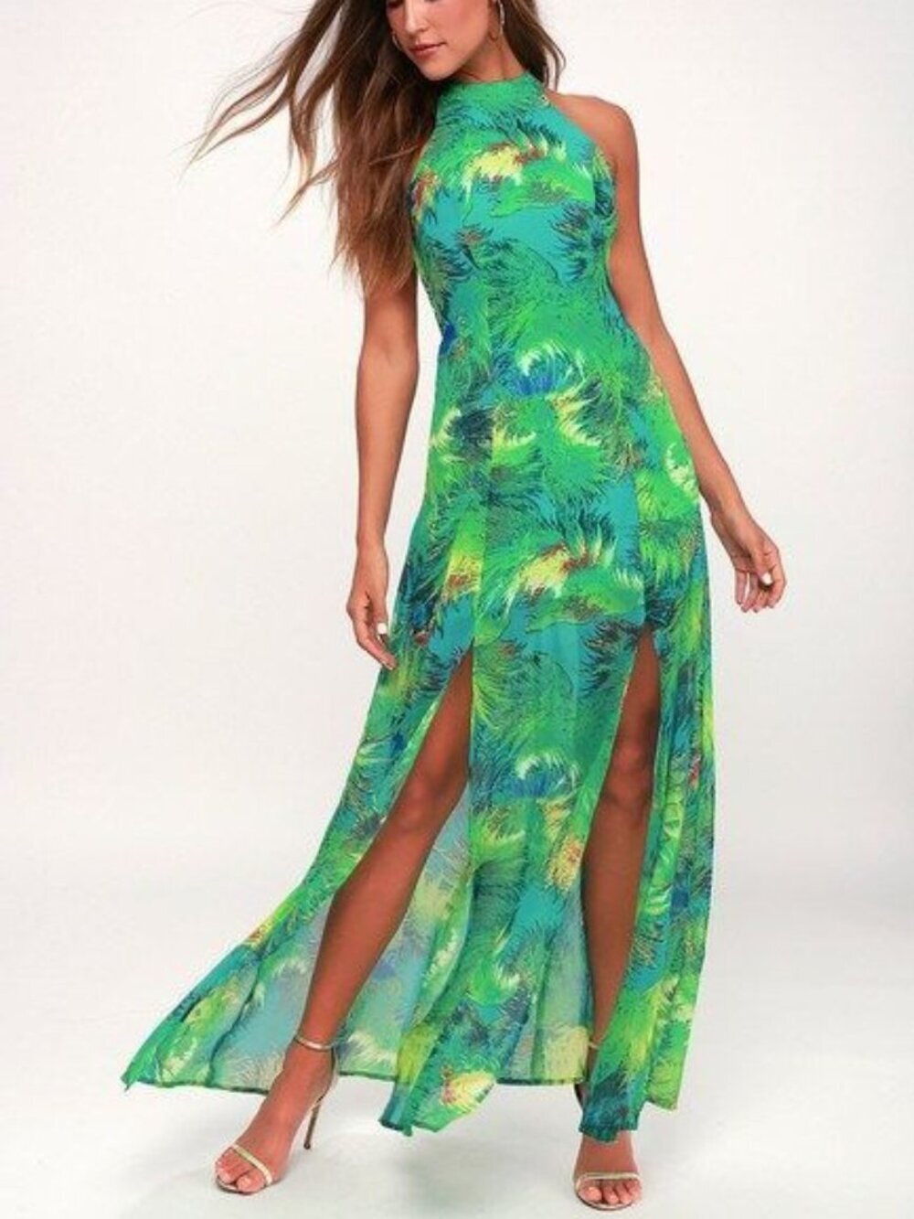 Lulus Tropic of Discussion Green Tropical Print Maxi Dress Size XS 54589